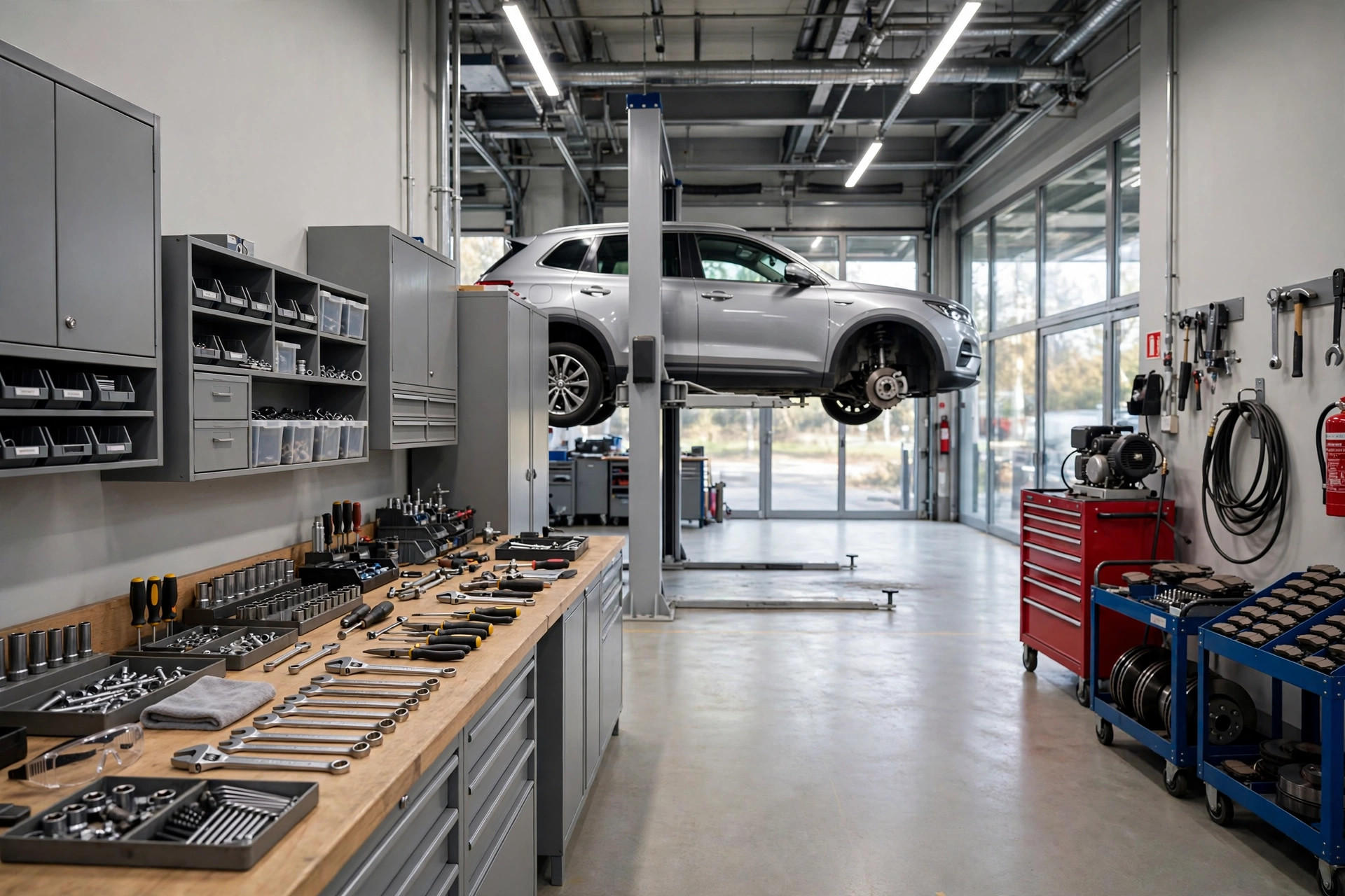Auto repair shop with a vehicle on a lift